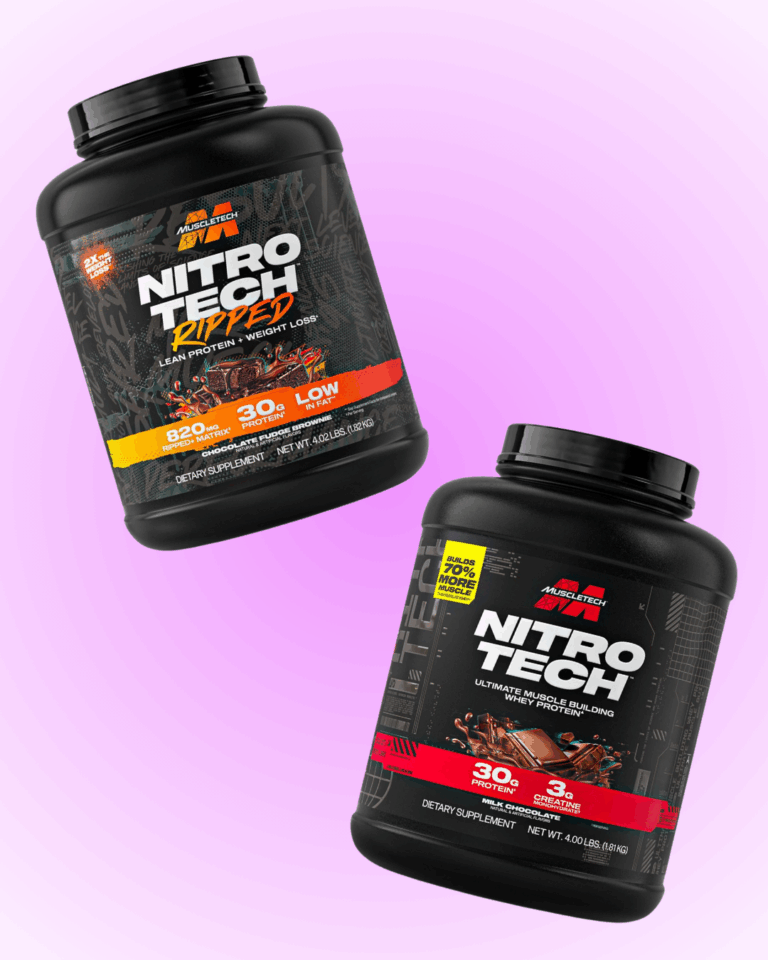 Two black containers of MuscleTech NitroTech protein powder, one labeled “NitroTech Ripped” with orange accents, and the other “NitroTech” with red accents, are displayed on a pink gradient background.