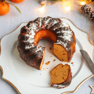 The Ultimate Holiday Recipe Bundle is showcased as a round bundt cake dusted with powdered sugar on a white plate with gold trim, accompanied by a knife and festive lights and oranges in the background.
