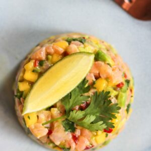 A molded serving of salmon ceviche with mango, avocado, and herbs sits by a copper fork—just one fresh dish from The New Year Reset Recipe Bundle.