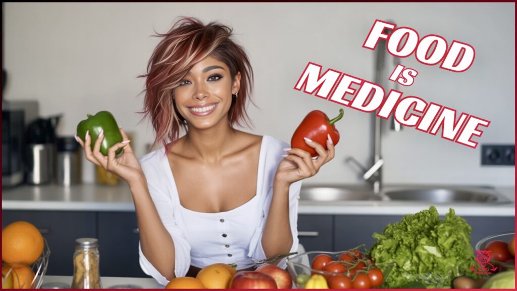 A smiling woman in a kitchen holds a green bell pepper in one hand and a red bell pepper in the other. Fresh fruits and vegetables are on the counter. The text reads, "FOOD IS MEDICINE" in bold red letters.